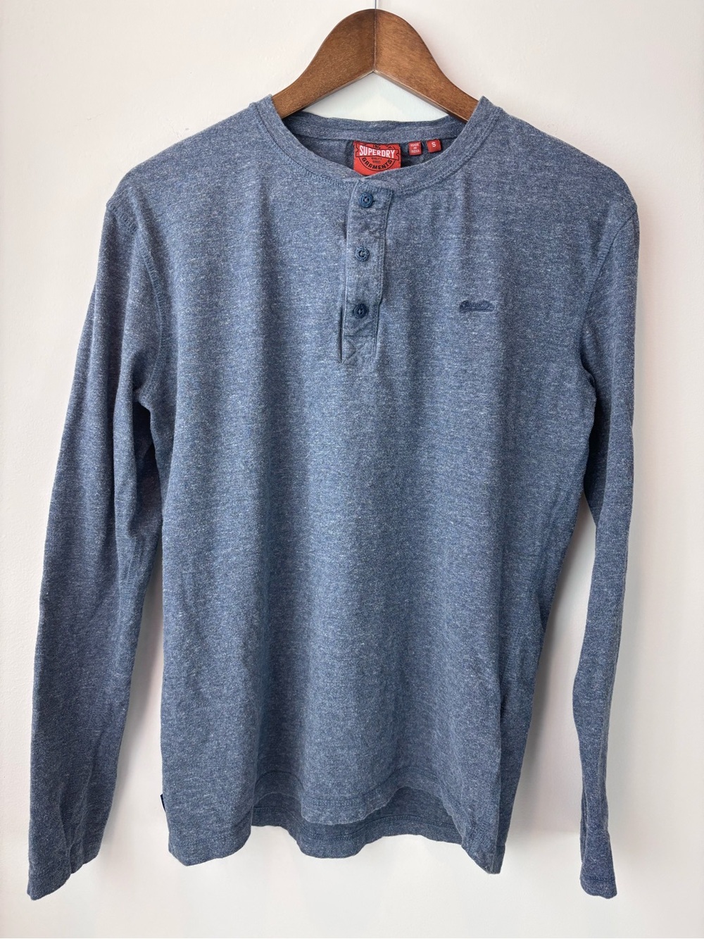 Superdry Men’s S Blue Long Sleeve Henley Shirt 100% Cotton Embroidered Logo